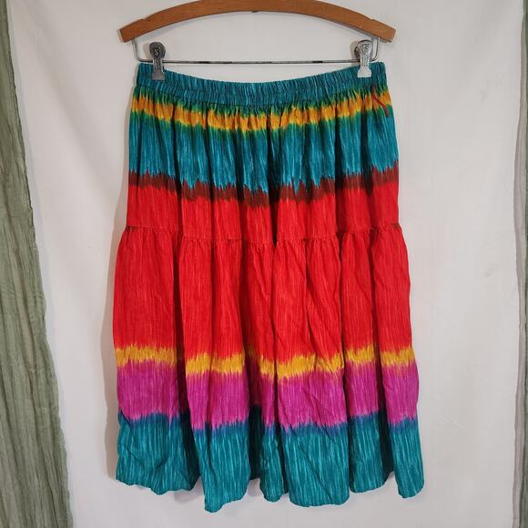 Festive Blue Red Yellow Elastic Waist Flared A-line Knee Length Skirt Size 16W - Picture 3 of 4